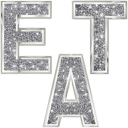 ZOLAPI 3 pcs Independent Letters EAT.Glam Crystal Diamond Letters.Silver Mirror Glass Home Decoration for Wall, Kitchen,Living room, Fireplace, Bookshelf and Table.