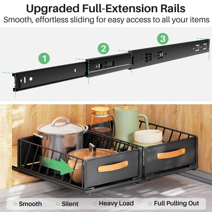 Pull out Cabinet Organizer,Heavy Duty Slide out Pantry Shelves Drawer Storage with Adhesive Nano Film,Sliding Mesh Cabinet Basket with Handle for Kitchen, Bathroom, Home, 15.8"W X 21"D X6.2"H,Black