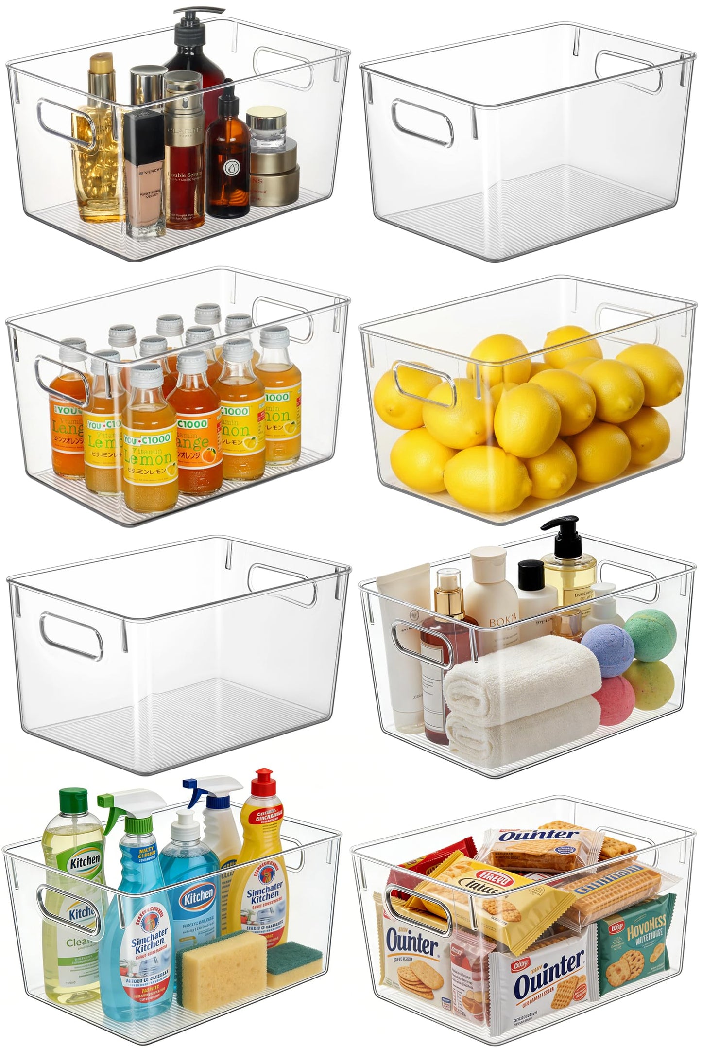 Hudgan Set of 8 Clear Plastic Storage Bins, 8 Large Storage Containers for Pantry Organizers, Home Edit, Kitchen Cabinet, Refrigerator, Under Sink Organization, Bathroom, Office