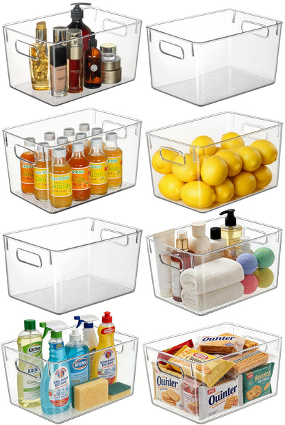Hudgan Set of 8 Clear Plastic Storage Bins, 8 Large Storage Containers for Pantry Organizers, Home Edit, Kitchen Cabinet, Refrigerator, Under Sink Organization, Bathroom, Office