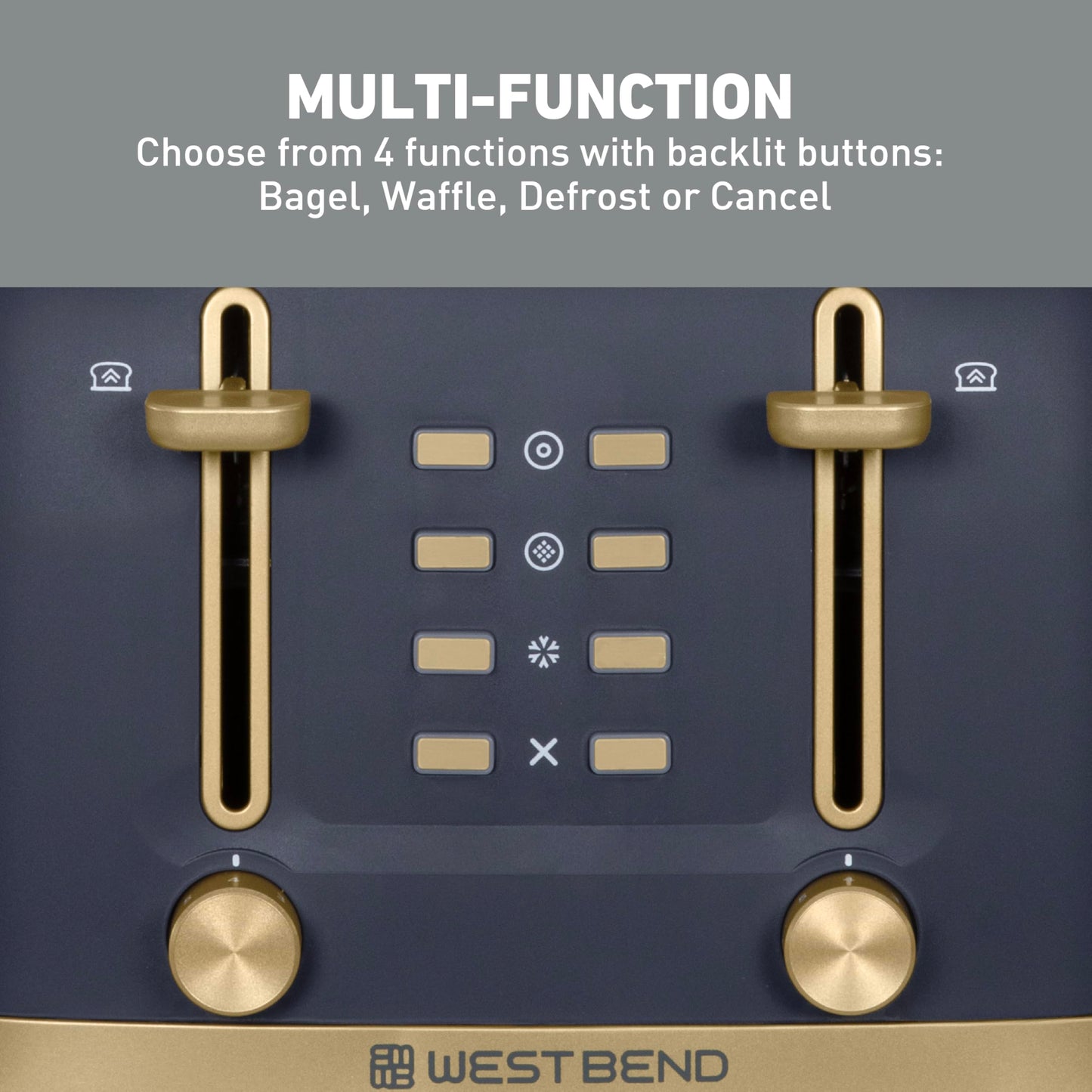 West Bend Timeless 4-Slice Toaster with 7 Browning Levels, Bagel/Waffle/Defrost Settings, High-Lift Lever, Anti-Jam, Easy-Clean Crumb Tray, 4-Slice, Blue/Gold