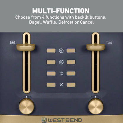 West Bend Timeless 4-Slice Toaster with 7 Browning Levels, Bagel/Waffle/Defrost Settings, High-Lift Lever, Anti-Jam, Easy-Clean Crumb Tray, 4-Slice, Blue/Gold