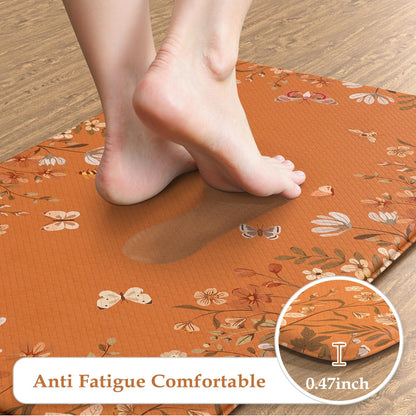 KIMODE Fall Kitchen Mats Cushioned Anti Fatigue, Orange Farmhouse Kitchen Rugs Sets of 2, Halloween Kitchen Mats for Floor, Padded Kitchen Floor Mats for Sink Laundry Office Desk 20"x47"+20"x32"