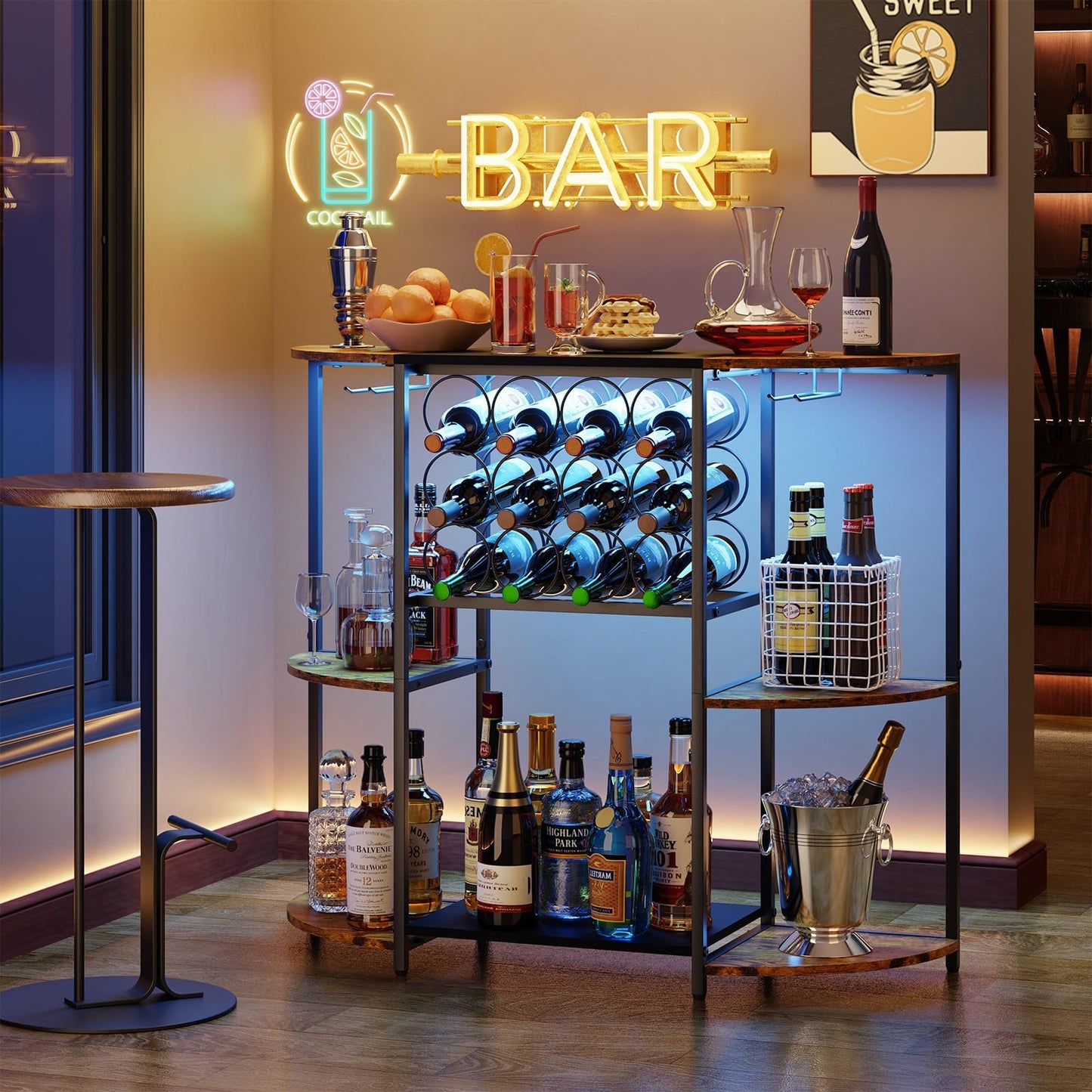 JKsmart Wine Bar Cart with LED Lights, Mini Wine Rack with Storage and Glass Holder, Small Home Bar Cart for Liquor, 3-Tier Bar Table for Kitchen, Dining Room, Living Room, Rustic Brown