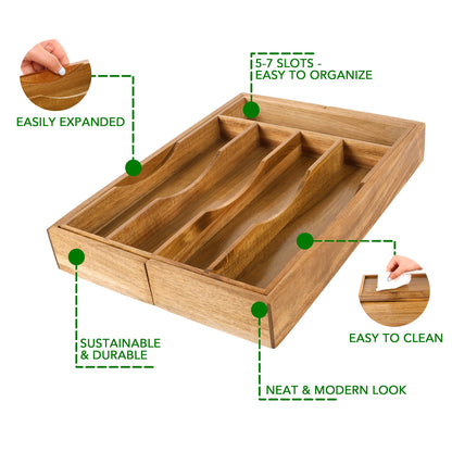 oridom Expandable Acacia Kitchen Drawer Organizer for Cutlery and Utensils, Adjustable Acacia Wood Cutlery Tray in Drawer for Flatware and Silverware in Kitchen