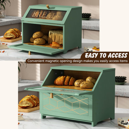 HOLTICO Double Layer Bread Box With Golden Trim for Countertop, Wooden Bread Container for Kitchen Counter, Corner Bread Storage (Green)