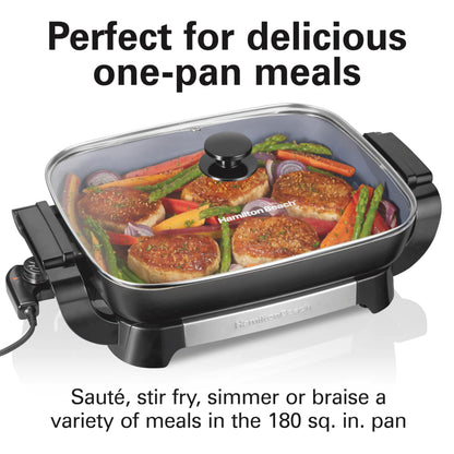 Hamilton Beach Electric Skillet with PFAS-Free Durathon Ceramic Coating, Removable 12x15” Pan, Adjustable Temperature, Reversible Design, Tempered Glass Lid, Black Nonstick Surface (38531)