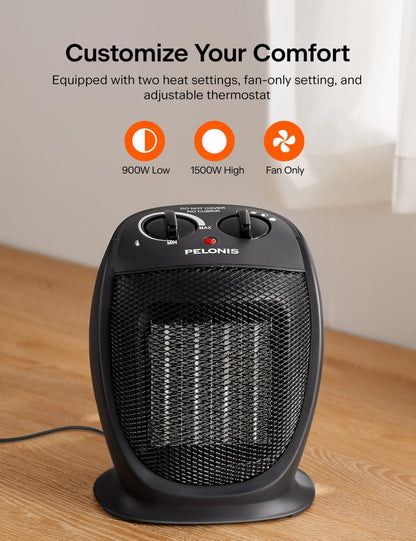 PELONIS 1500W Portable Ceramic Space Heater, Quiet, All-Season, Tip-Over & Overheat Protection, Black, 9"
