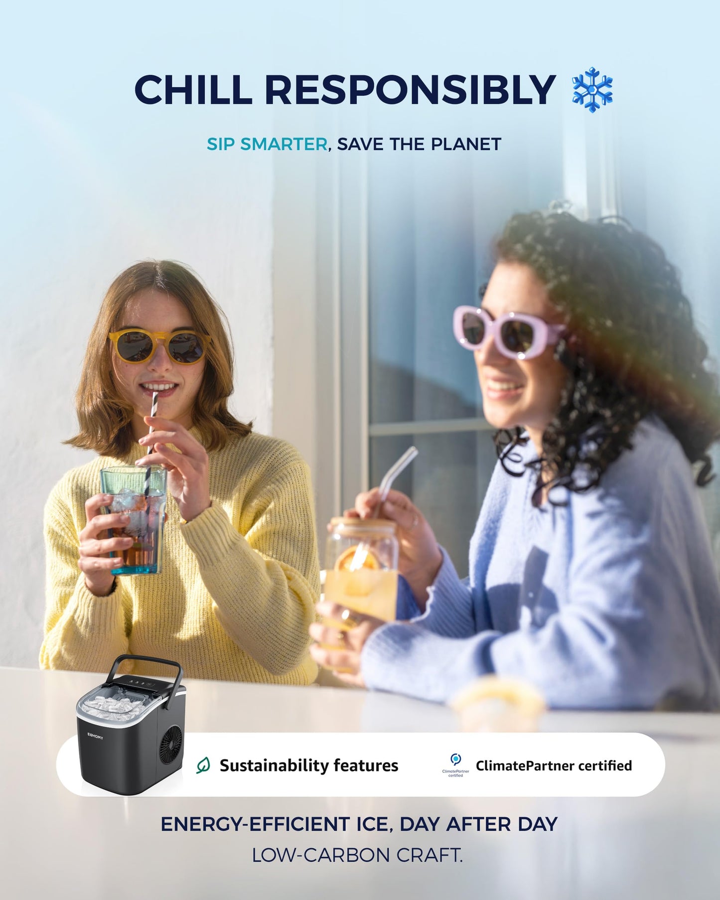 EUHOMY Countertop Ice Maker, 26lb/24hr, 9-Cube Ice in 6min, Auto-Clean, Portable with Basket & Scoop, Black