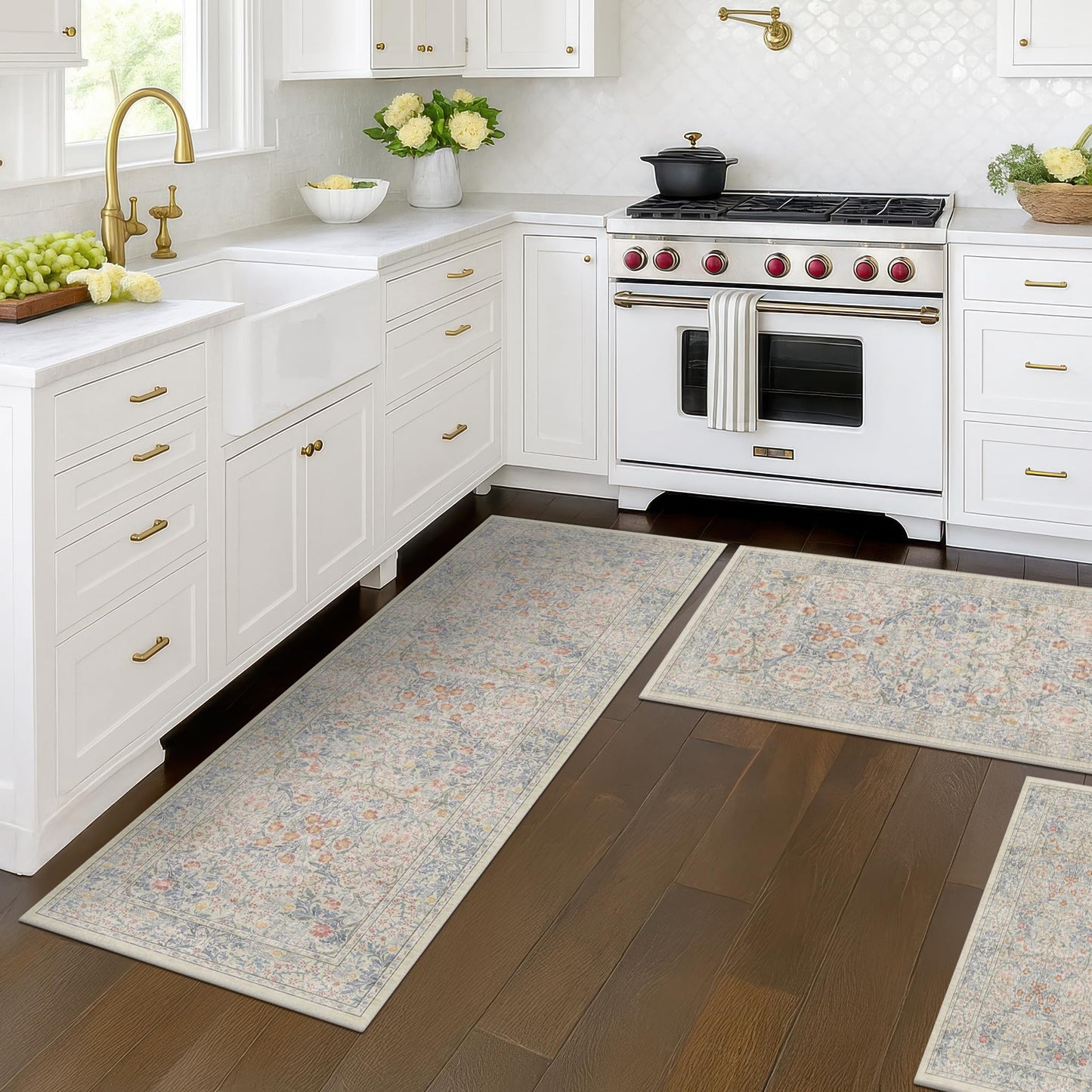 JTJ Washable Kitchen Rugs Sets of 3, Beige Blue Non-Slip Mats with Vintage Botanical Cottage Design, Soft Low-Pile Floor Rug for Sink, Entry and Everyday Home Spaces