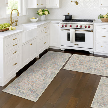 JTJ Washable Kitchen Rugs Sets of 3, Beige Blue Non-Slip Mats with Vintage Botanical Cottage Design, Soft Low-Pile Floor Rug for Sink, Entry and Everyday Home Spaces