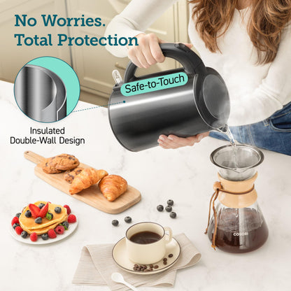 COSORI 1.5L Stainless Steel Electric Kettle, 1500W Fast Boil, Auto Shut-Off, Boil-Dry Protection, Cordless, Black