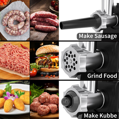 EBEAKA Electric Meat Grinder & Sausage Stuffer - Heavy Duty Mincer with 3 Plates, Kubbe Kit & Stainless Steel Blades for Home Kitchen