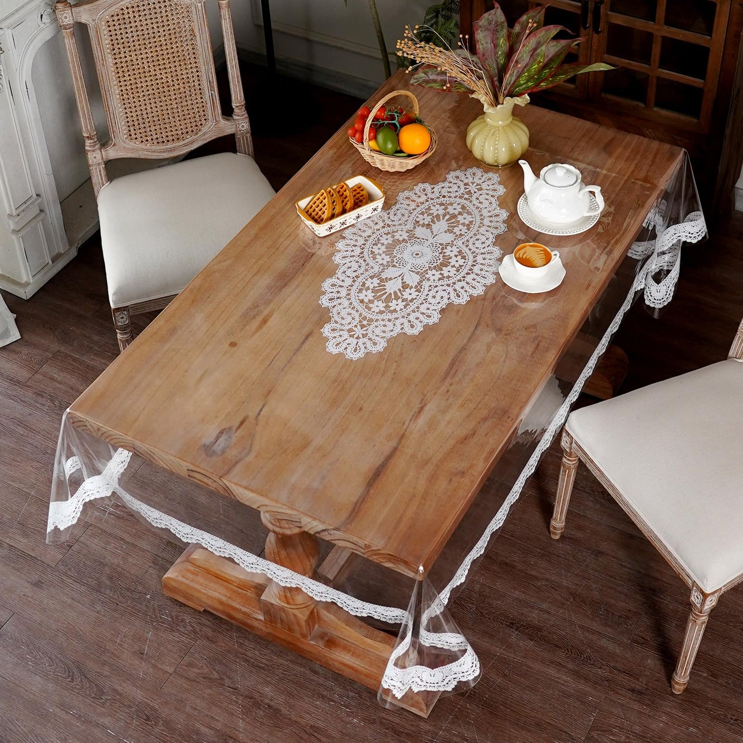 Artbloss Clear Table Protector Cover Vinyl Rectangle PVC Tablecloth with Printed Crocheted Lace Waterproof Oil Proof Wipeable Plastic Tablecloths for Home Kitchen Dining Table (Lace, 55 x 120 Inches)