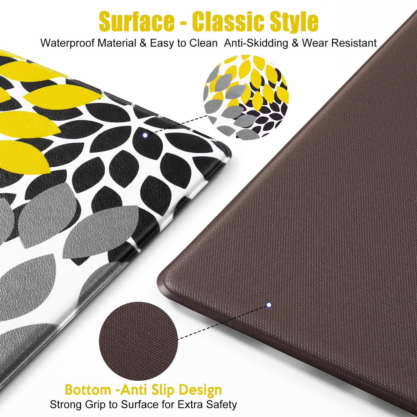 Likiyol Kitchen Mats for Floor [3 PCS] Anti-Fatigue Comfort Kitchen Rugs, Boho Flower Cushioned Waterproof Decor Mat Thick, Standing Floor Mats for Home/Office, 18''x30''+18''x48''+18''x60''(Yellow)