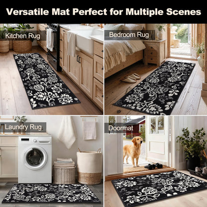 LOKHOM Boho Kitchen Rugs Sets of 3, Non Slip High-Low Textured Kitchen Mats for Floor with Rubber Backing, Paisley Floral Washable Carpet Runner for Hallways Entryway Laundry Sink (Black & White)