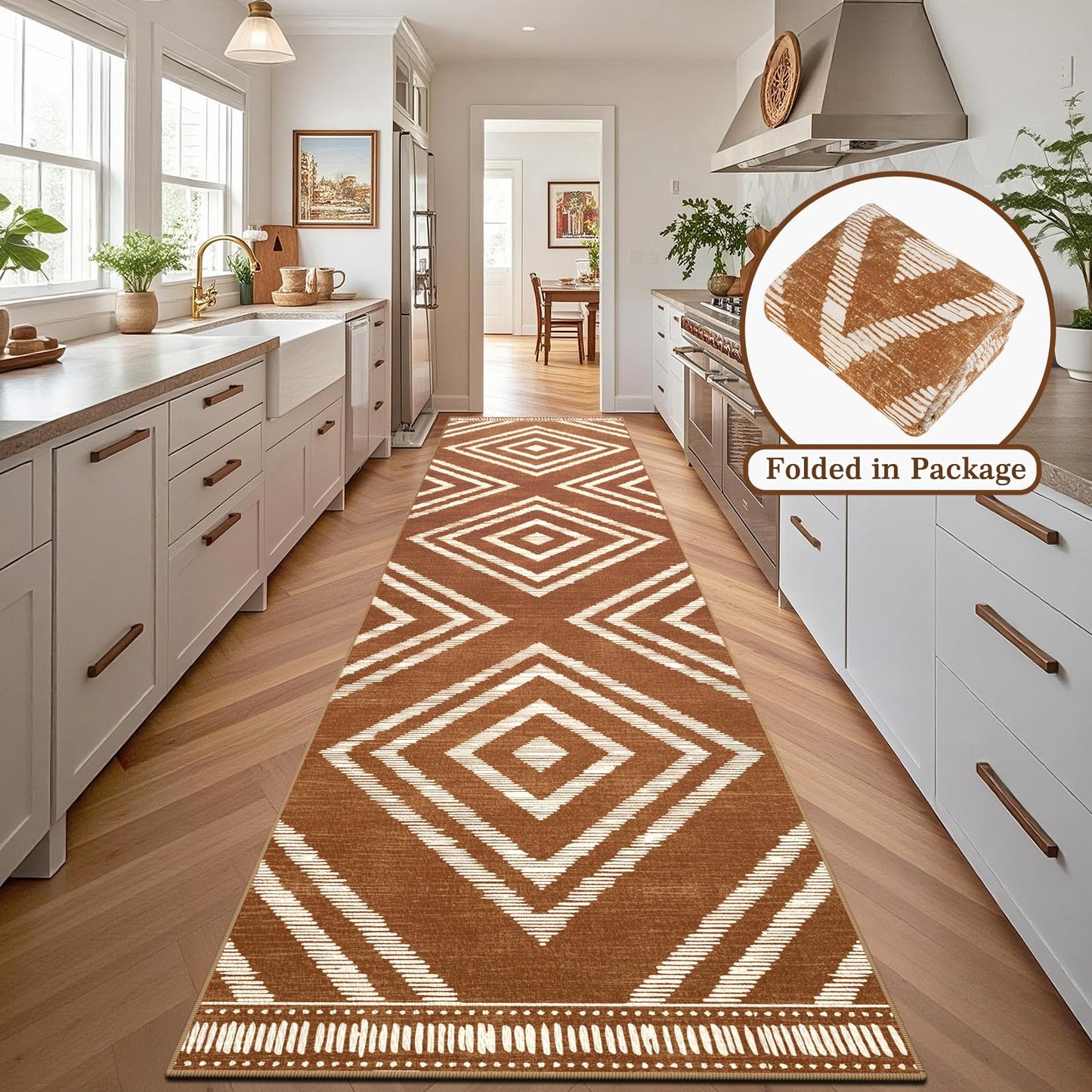 Geanlod Boho Hallway Runner Rugs 2.6x14ft Non Slip, Long Brown Washable Entryway Rug Runners Non Shedding, Geometric Kitchen Floor Carpets for Doorway Entrance Farmhouse Living Room Home Decor