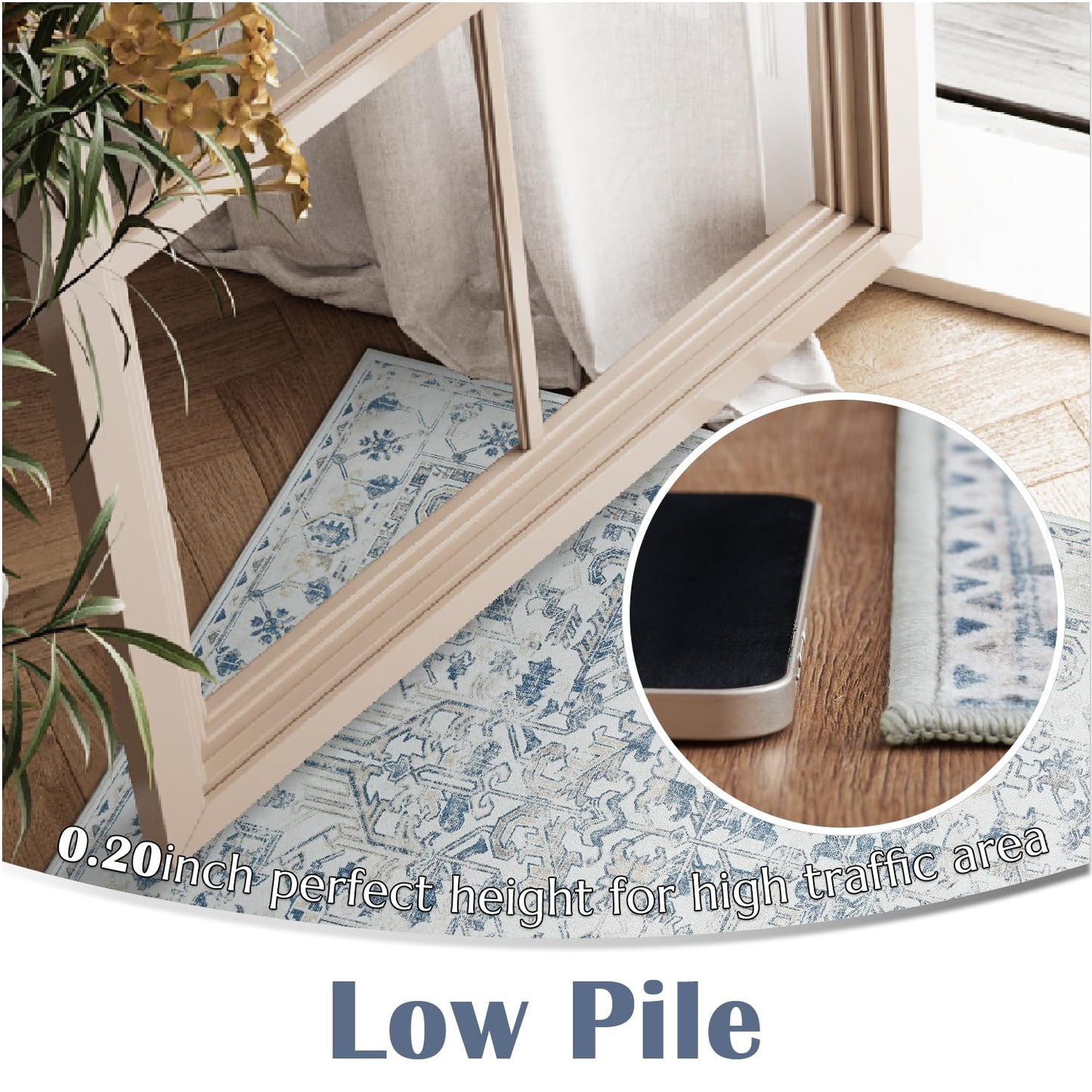 jinchan Lima Hallway Runner Rug 2x10 Washable - Vintage Floral Non Slip Low-Pile Soft Ultra-Thin Faux Wool Kitchen Rug Distressed Carpet Runner for Farmhouse Bedroom Laundry (2x10ft, Blue)