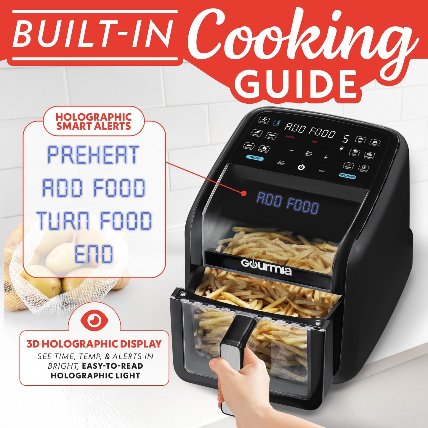 Gourmia Air Fryer 7 QT - Easy View Panorama Window & Interior Light, Guided Cooking with 12 One-Touch Presets, FryForce 360, Dishwasher Safe Accessories, Black