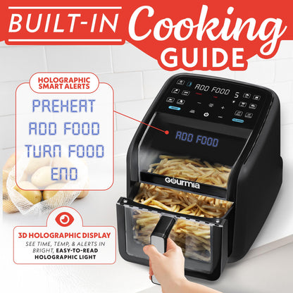 Gourmia Air Fryer 7 QT - Easy View Panorama Window & Interior Light, Guided Cooking with 12 One-Touch Presets, FryForce 360, Dishwasher Safe Accessories, Black