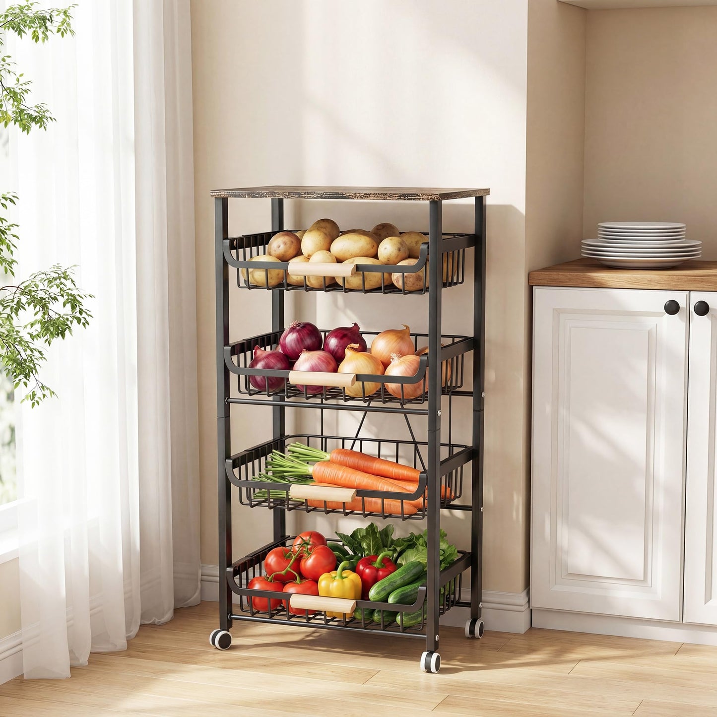JAQ 5-Tier Fruit Vegetable Storage Cart with Wood Top, Rolling Kitchen Basket Organizer with Ergonomic Wood Handle & Wheels for Snacks Produce, Heavy Duty Metal Vianderos para Cocina Modernos, Black
