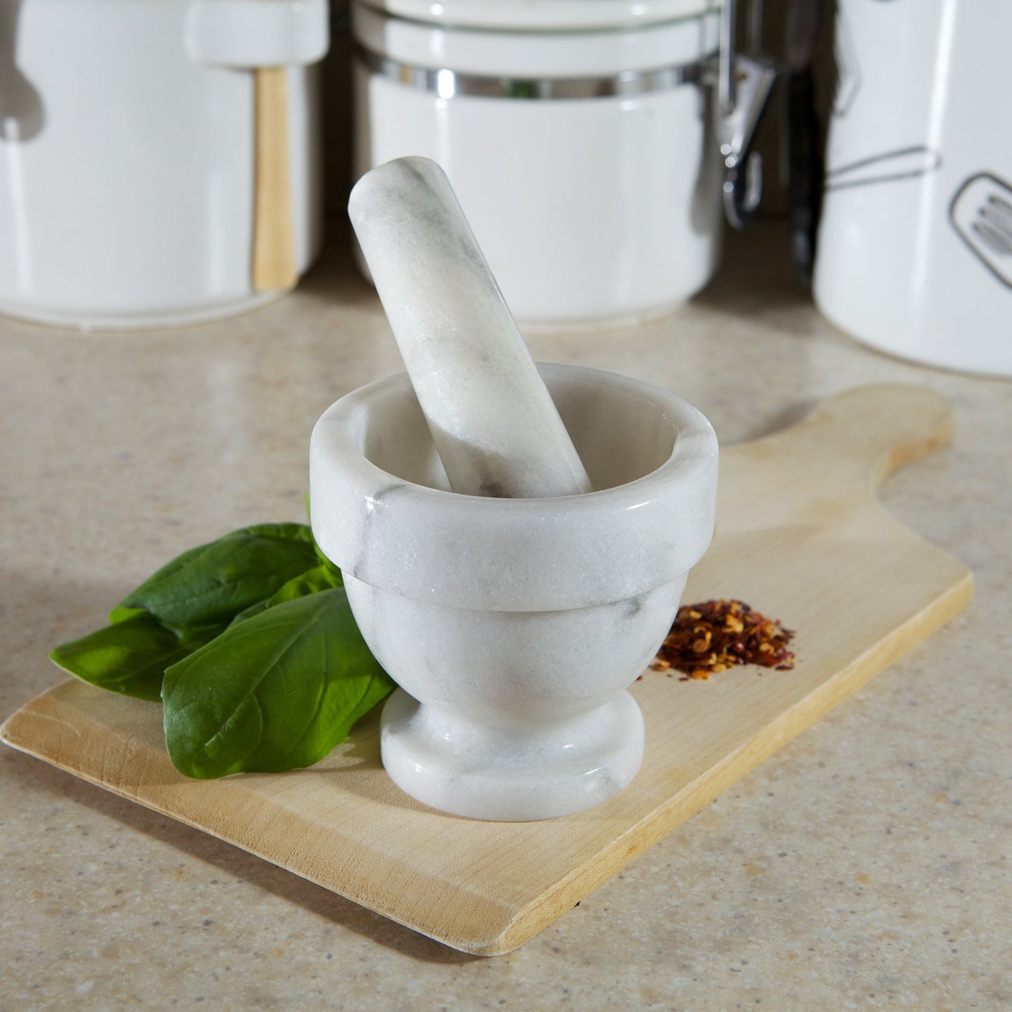 Fox Run Small Marble Mortar and Pestle Set, White, 3"