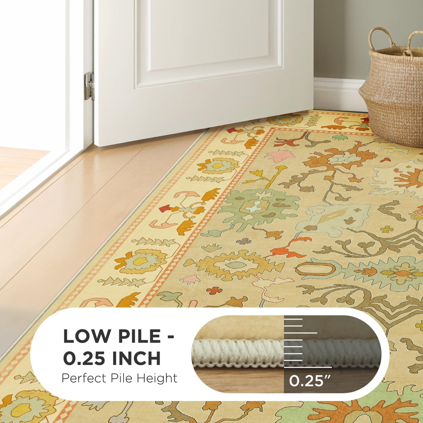 Joydeco Oushak Orange Rug for Living Room, Washable Carpet for Bedroom Non Slip, Boho Floral Ultra-Thin Soft Indoor Floor Throw Rugs for Entryway Dining Table Nursery Home Kitchen