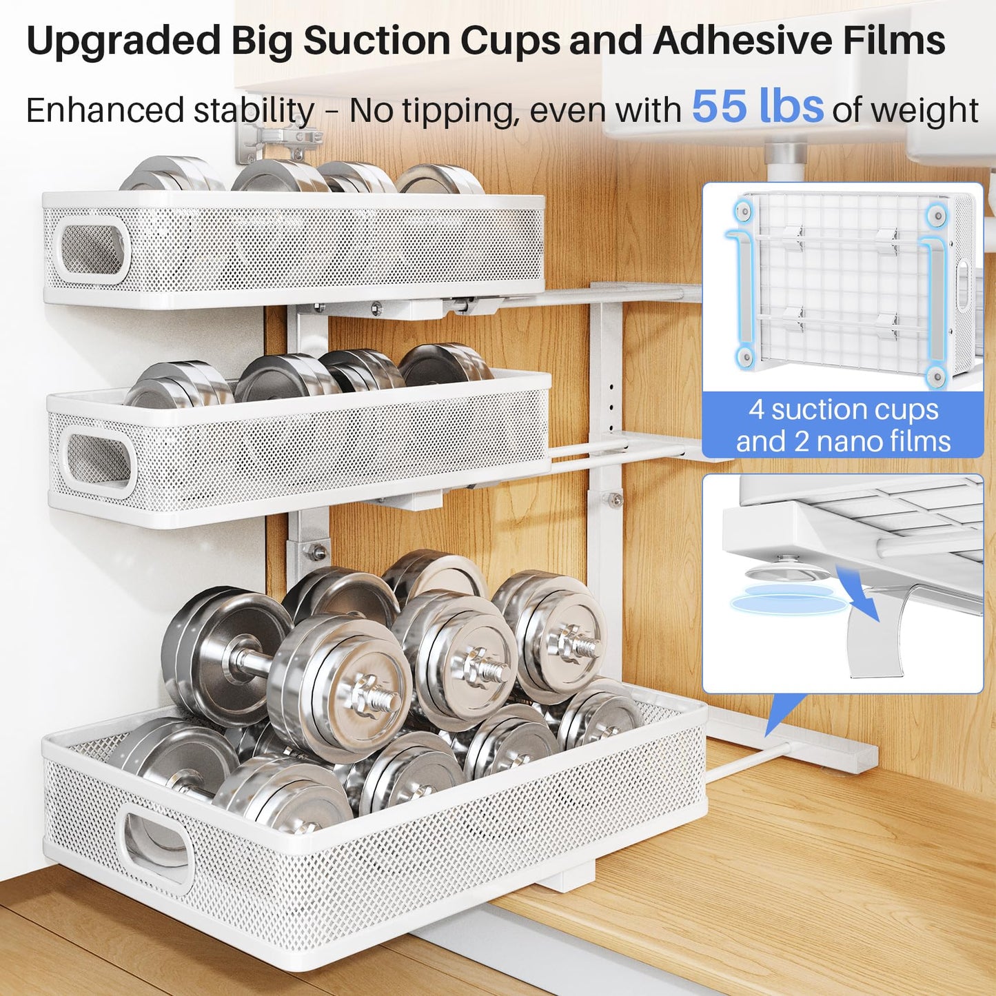 Under Sink Organizer, 1-Pack 3-Tier Thickened Metal Pull out Cabinet Organizer Shelf, Height Adjustable Slide out Storage Drawer Rack for Kitchen Bathroom Pantry Laundry Home Organization, White