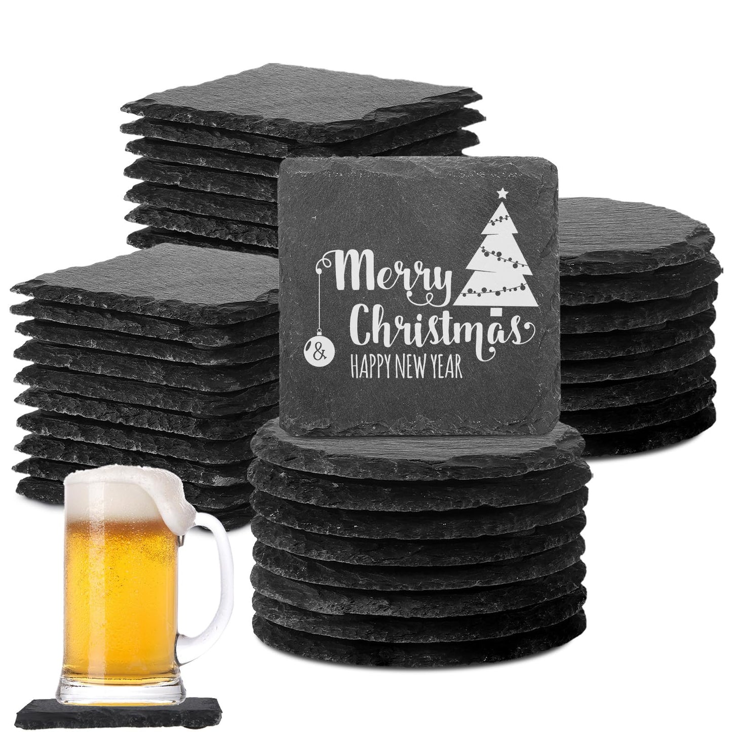 Hoolerry 72 Pcs Slate Coasters Bulk 4 Inch Round Black Drink Coaster Square for Natural Laser Engraving Edge Blanks with Anti Scratch Bottom for Home Cafe Bar Wedding Party Kitchen