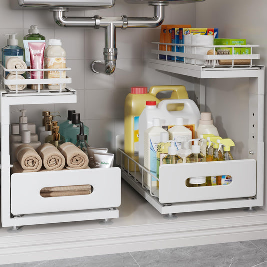 Biboraya Under Sink Organizer Upgrade To Professional Rails,2-Tier Dual Pull Out Cabinet Storage,Height Adjustable Slide Out Drawers For Bathroom Kitchen,2 Pack-14.5"Dx12.8"-16.9"H,White
