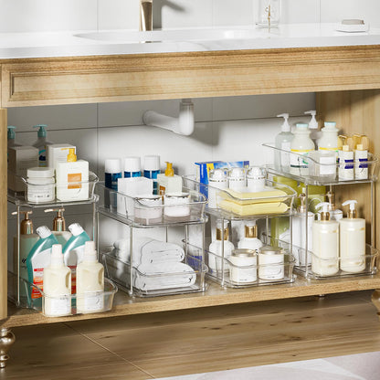 Delamu 2-Tier Under Sink Organizers and Storage, Multi-Purpose Stackable Bathroom Cabinet organizers, Pull Out Kitchen Pantry Organization and Storage with Dividers(4 Pack, Clear)