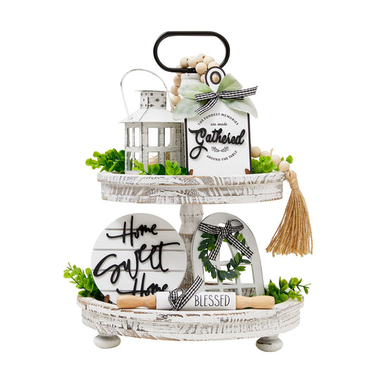Houmury Set of 17 Farmhouse Tiered Tray with 1 Lantern Artificial Plant& Cutting Board Sign for Rustic Home Sweet Home Kitchen Decor Tier Tray Decor Set