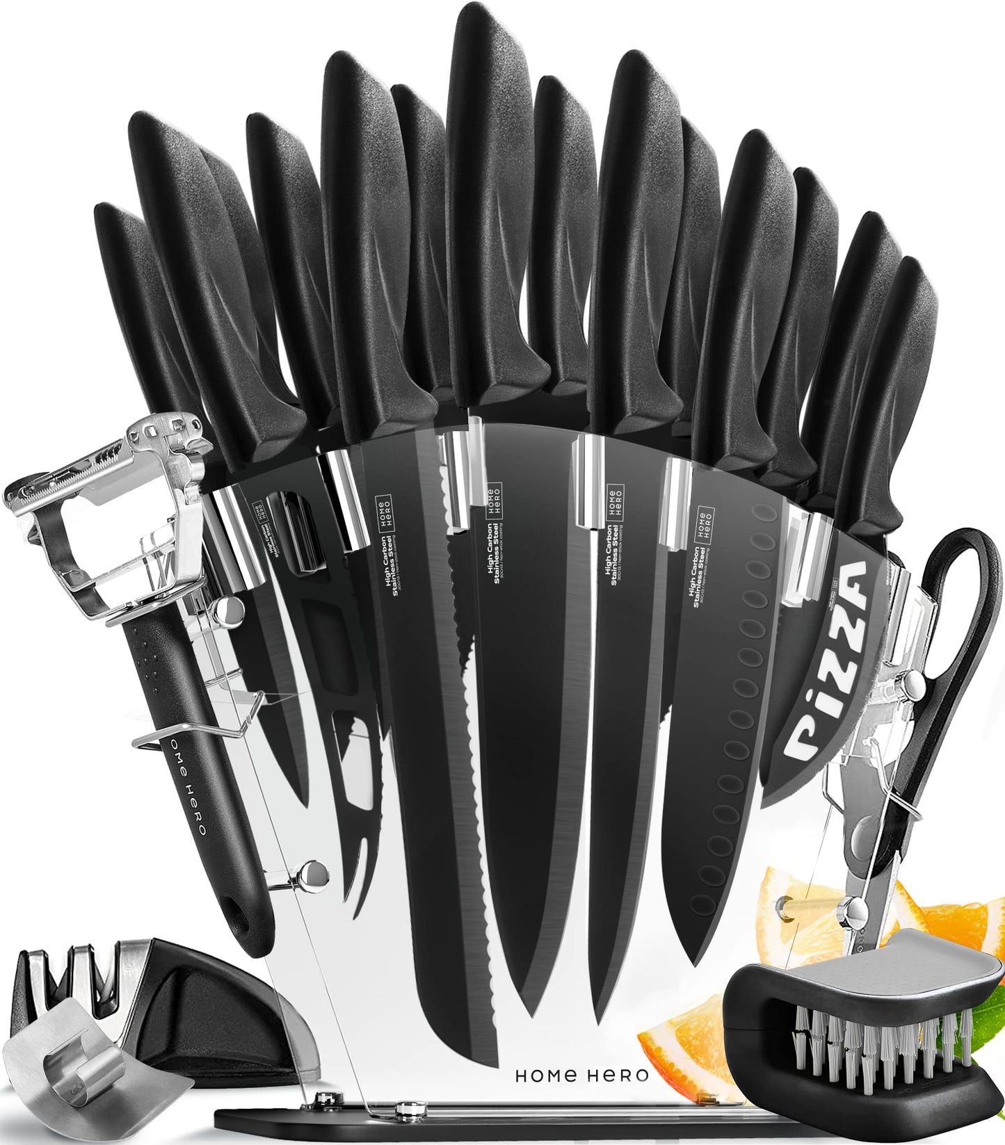 Home Hero Kitchen Knife Set - High Carbon Stainless Steel Blades & Built-In Sharpener - Ergonomic Handles & Cutlery Block Storage - Precision Cooking Prep with Chef Knife - 20 Pc, Black