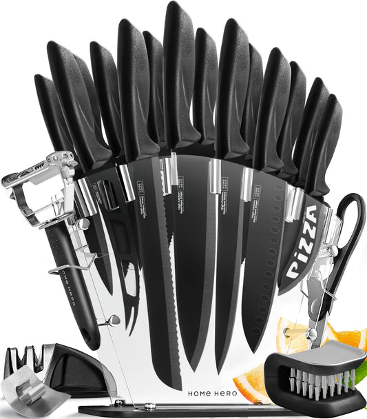 Home Hero Kitchen Knife Set - High Carbon Stainless Steel Blades & Built-In Sharpener - Ergonomic Handles & Cutlery Block Storage - Precision Cooking Prep with Chef Knife - 20 Pc, Black