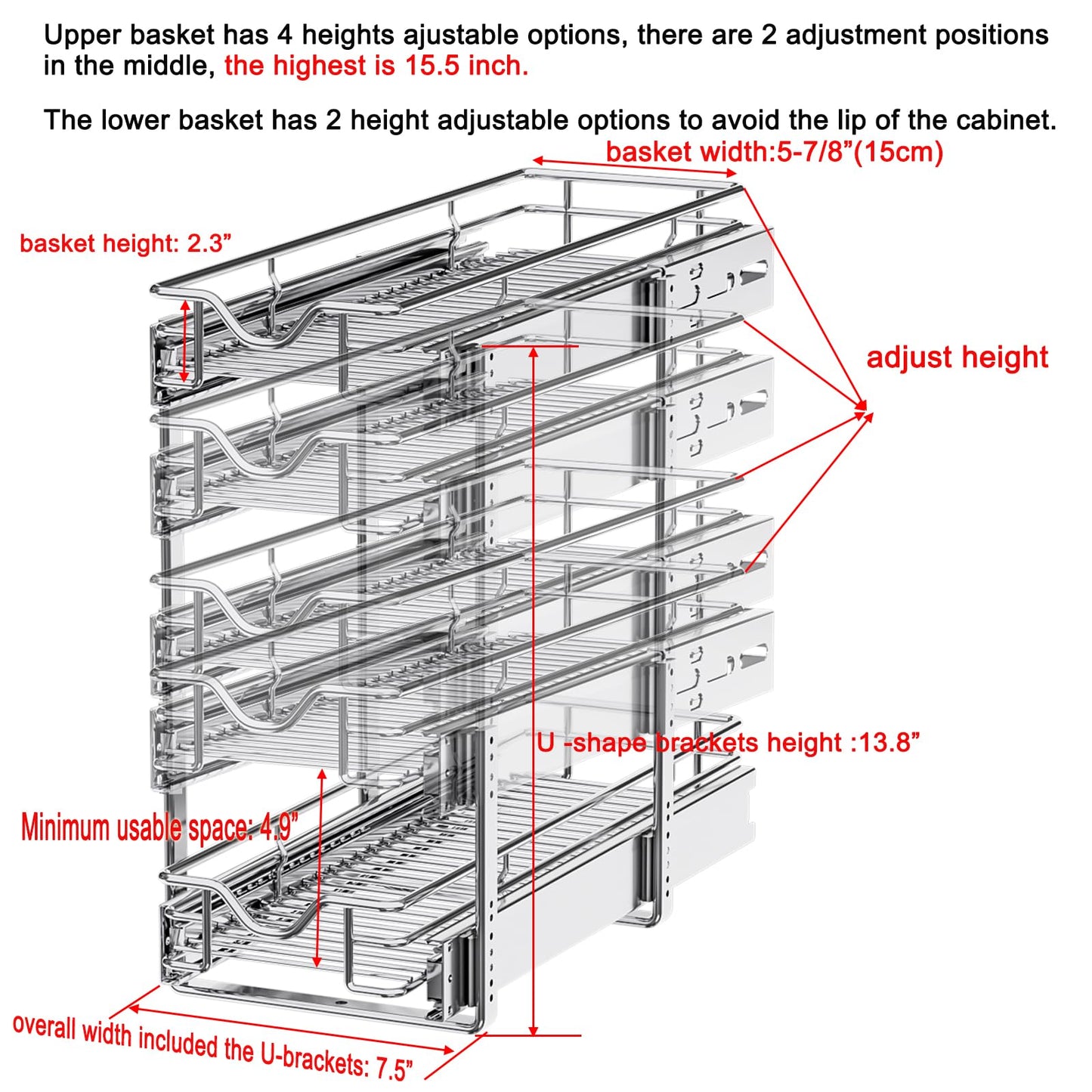 DINDON Pull Out Cabinet Organizer (7-1/2" W x 21-1/2"D), Cabinet Pull Out Shelves, 2 Tier Pull Out Drawers for Kitchen Cabinets, Wire Basket Slide Out Shelf for Cabinet Organization