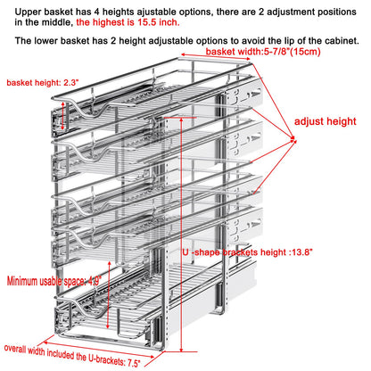 DINDON Pull Out Cabinet Organizer (7-1/2" W x 21-1/2"D), Cabinet Pull Out Shelves, 2 Tier Pull Out Drawers for Kitchen Cabinets, Wire Basket Slide Out Shelf for Cabinet Organization