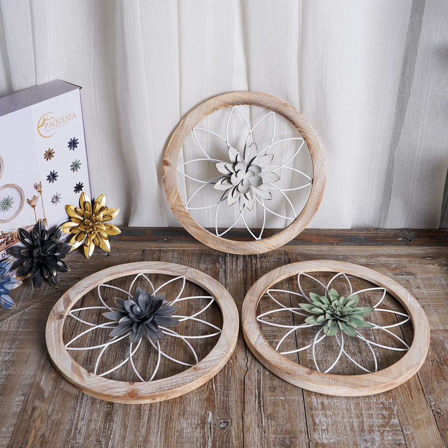 Paquesta 3 Piece Round Farmhouse Wall Decor with 6 Piece Interchangeable Flowers 15.75'' Medallion Wood & Metal Rustic Wall Art for Living Room Bedroom Kitchen Bathroom Dining Room Home Decorations (large white wheel)