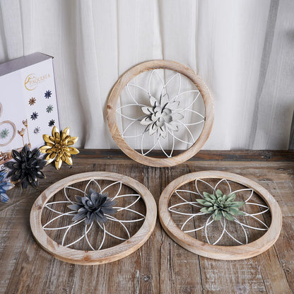 Paquesta 3 Piece Round Farmhouse Wall Decor with 6 Piece Interchangeable Flowers 15.75'' Medallion Wood & Metal Rustic Wall Art for Living Room Bedroom Kitchen Bathroom Dining Room Home Decorations (large white wheel)