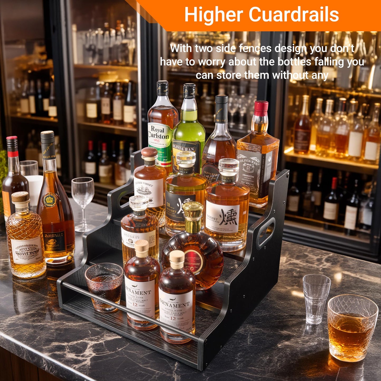 YQBRAO 2 Pack 4-Tier Liquor Bottle Display Shelf, 16-Inch Wooden Bar Shelves for Liquor Bottles, Countertop Whiskey Shelf and Bourbon Shelf Organizer for Home Bar, Kitchen（Black）