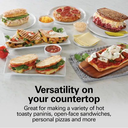 Hamilton Beach Panini Press Sandwich Maker & Electric Indoor Grill with Locking Lid, Opens Wide to Fit Any Thickness for Quesadillas, Burgers & More, Nonstick 8" x 10" Grids, Chrome (25460MNA)