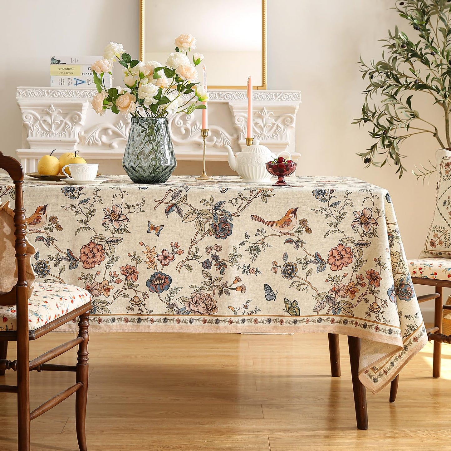 ISAENNE Designer French Light Beige Table Cloth for Rectangle Table,Linen Florals and Birds Pattern Tablecloth,Durable Decorative Tablecloths for Dining Thanksgiving Kitchen,55"*79"-Cornucopia