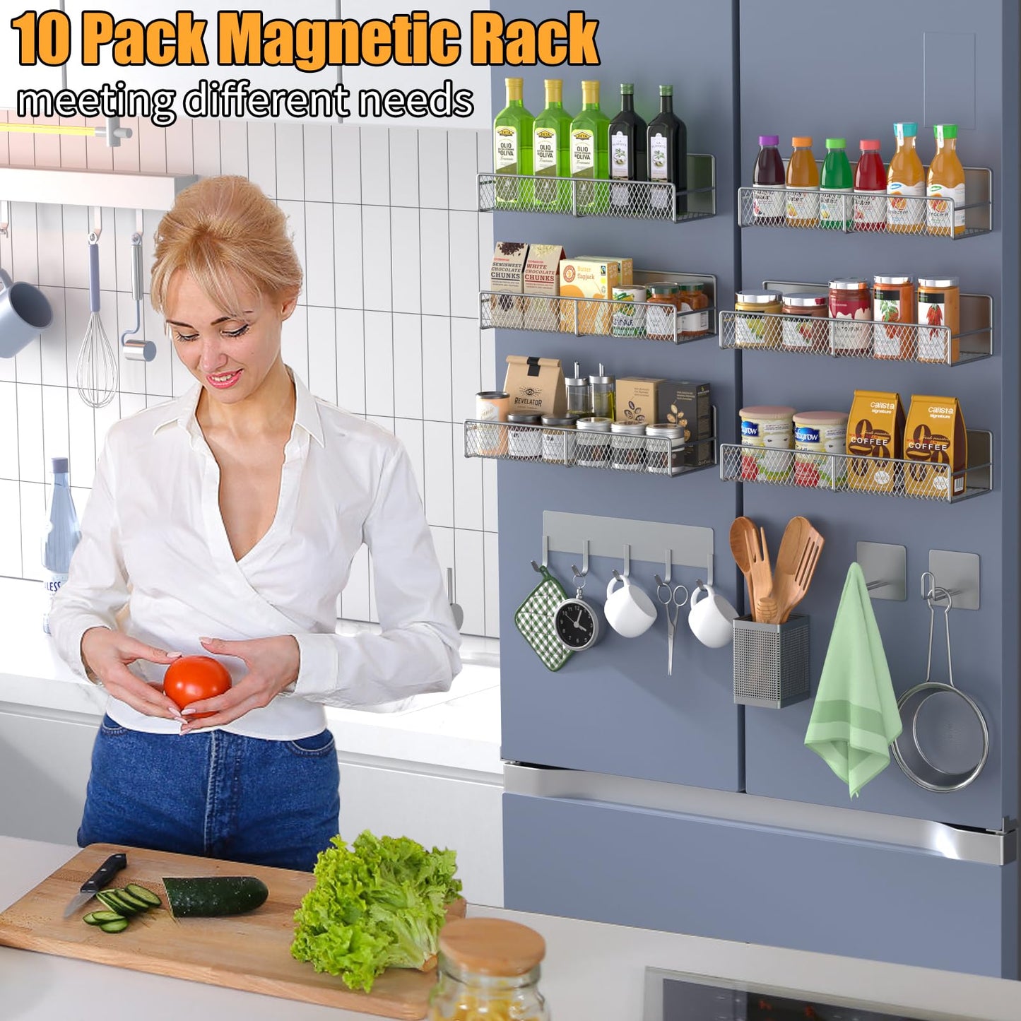 Magnetic Spice Rack for Refrigerator, 10 Pack 100% Metal Strong Magnet Shelf, Moveable Spice Organizer W/ Adjustable Paper Towel Holder, Hook Rack & Utensil Caddy, Home Kitchen Laundry Storage, Grey