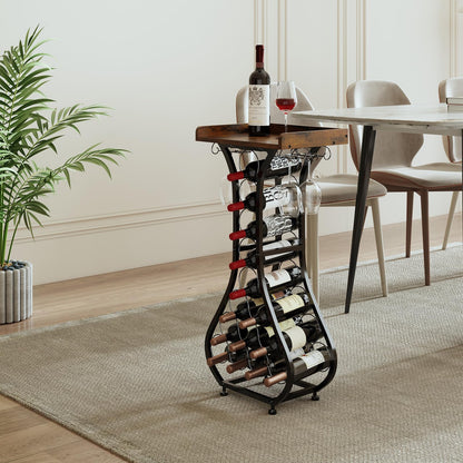X-cosrack Wine Rack Freestanding Floor, Mini Bar Table Wine Holder Stand Liquor Cabinet with Glass Holder Wood Tabletop 14 Bottles Floor Wine Storage for Home Bar Kitchen Living Room