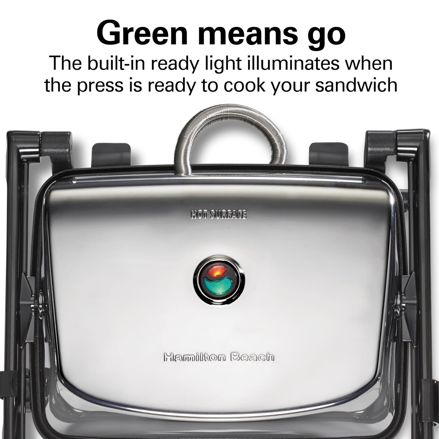 Hamilton Beach Panini Press Sandwich Maker & Electric Indoor Grill with Locking Lid, Opens Wide to Fit Any Thickness for Quesadillas, Burgers & More, Nonstick 8" x 10" Grids, Chrome (25460MNA)