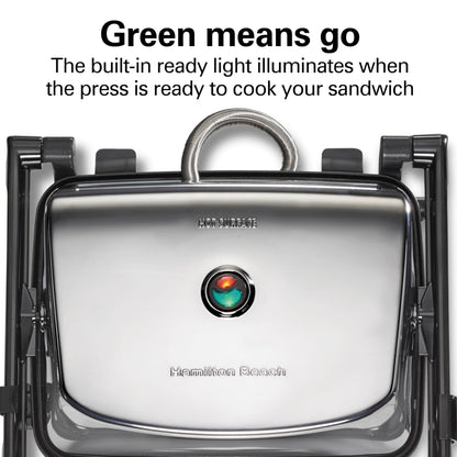 Hamilton Beach Panini Press Sandwich Maker & Electric Indoor Grill with Locking Lid, Opens Wide to Fit Any Thickness for Quesadillas, Burgers & More, Nonstick 8" x 10" Grids, Chrome (25460MNA)