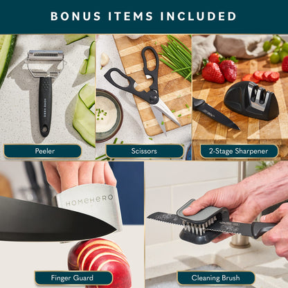 Home Hero Kitchen Knife Set - High Carbon Stainless Steel Blades & Built-In Sharpener - Ergonomic Handles & Cutlery Block Storage - Precision Cooking Prep with Chef Knife - 20 Pc, Black