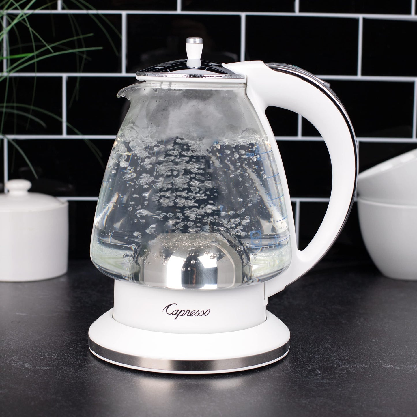 Capresso H2O Glass Kettle, 240.02, White and polished chrome, 48 ounces