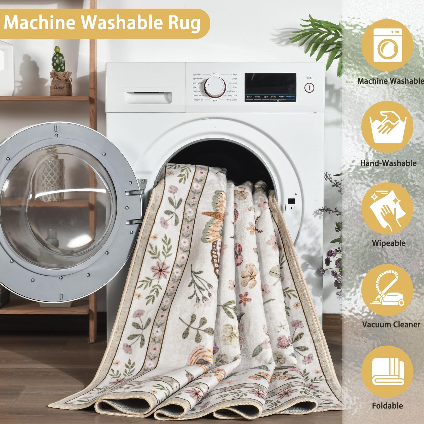 Foxmas Washable Area Rugs for Living Room, 5x7 Non-Slip Butterfly Floral Print Throw Rug, Low Pile Modern Indoor Floor Rug, Carpet for Bedroom Dining Room Laundry Room Kitchen Home Office，Beige