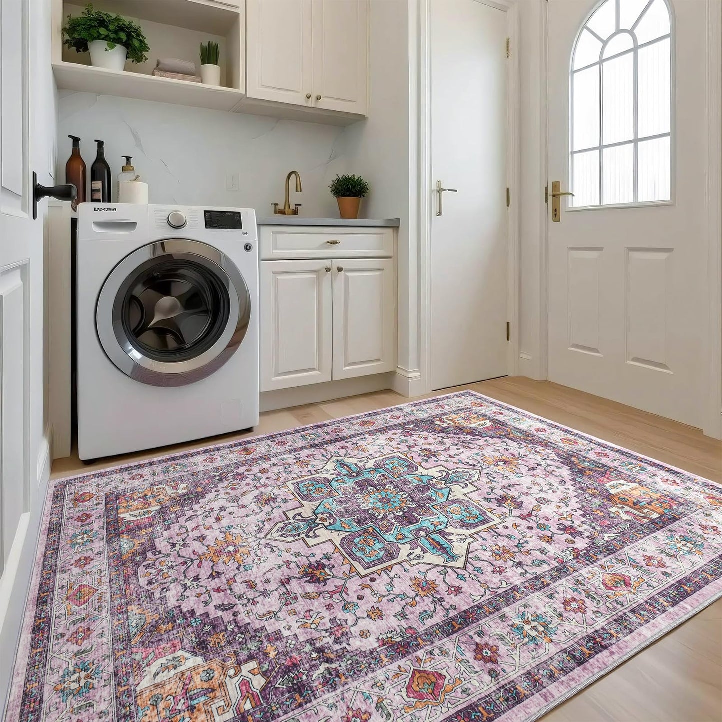 Softlife Washable Area Rug for Living Room, 5x7 Purple Large Boho Accent Rugs for Bedroom Bathroom Kitchen Under Dinning Table, Neutral Non-Slip Carpet for Nursery Kids Laundry Dorm Home Decor