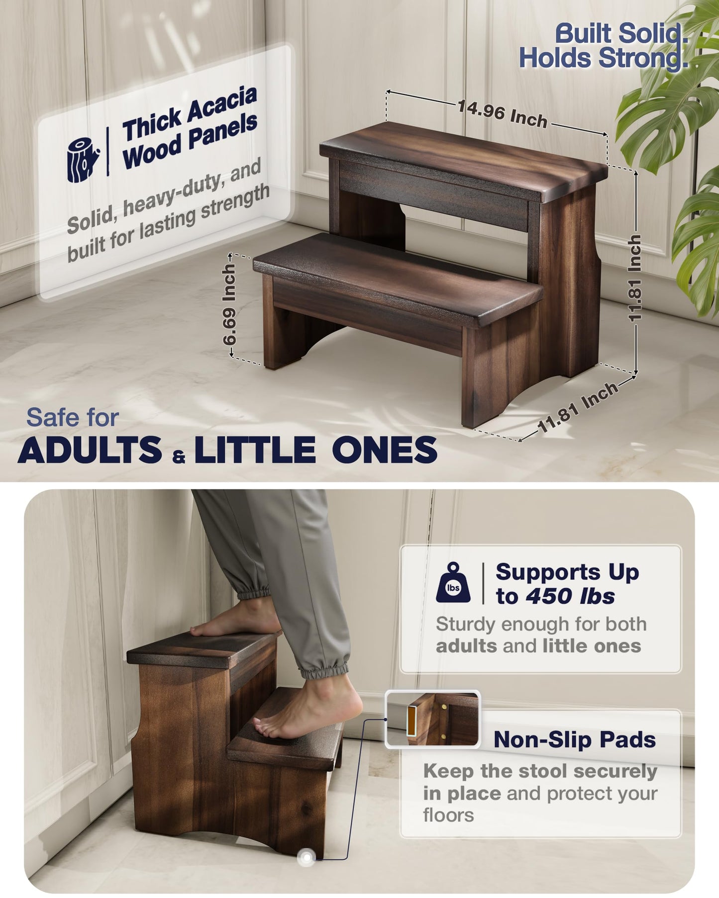 FANATU Wooden Two Step Stool, Heavy Duty 2-Step Ladder for Adults & Kids, Supports up to 450lbs for Kitchen, Bathroom or Bedside Use (Walnut Finish)